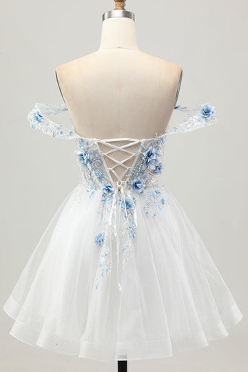 Blanc Bleu Fleur A-ligne Hors L’épaule Corset Robe courte De Cocktail